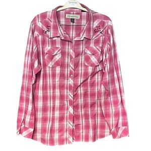 Bit & Bridle pink plaid shirt embroidered western cowgirl long sleeve size 3XL